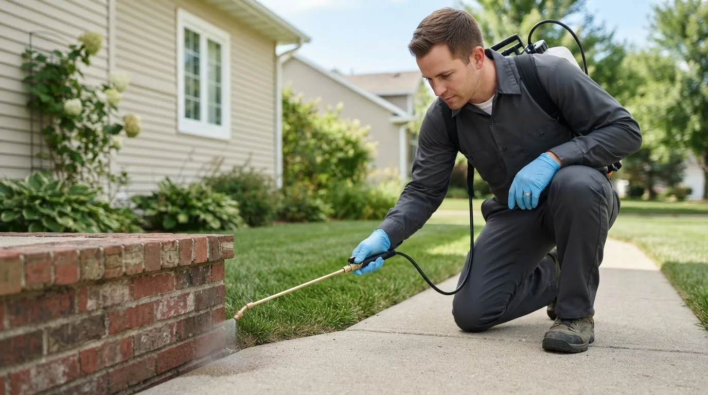 Pest control technician treating a home near Utica, OH
