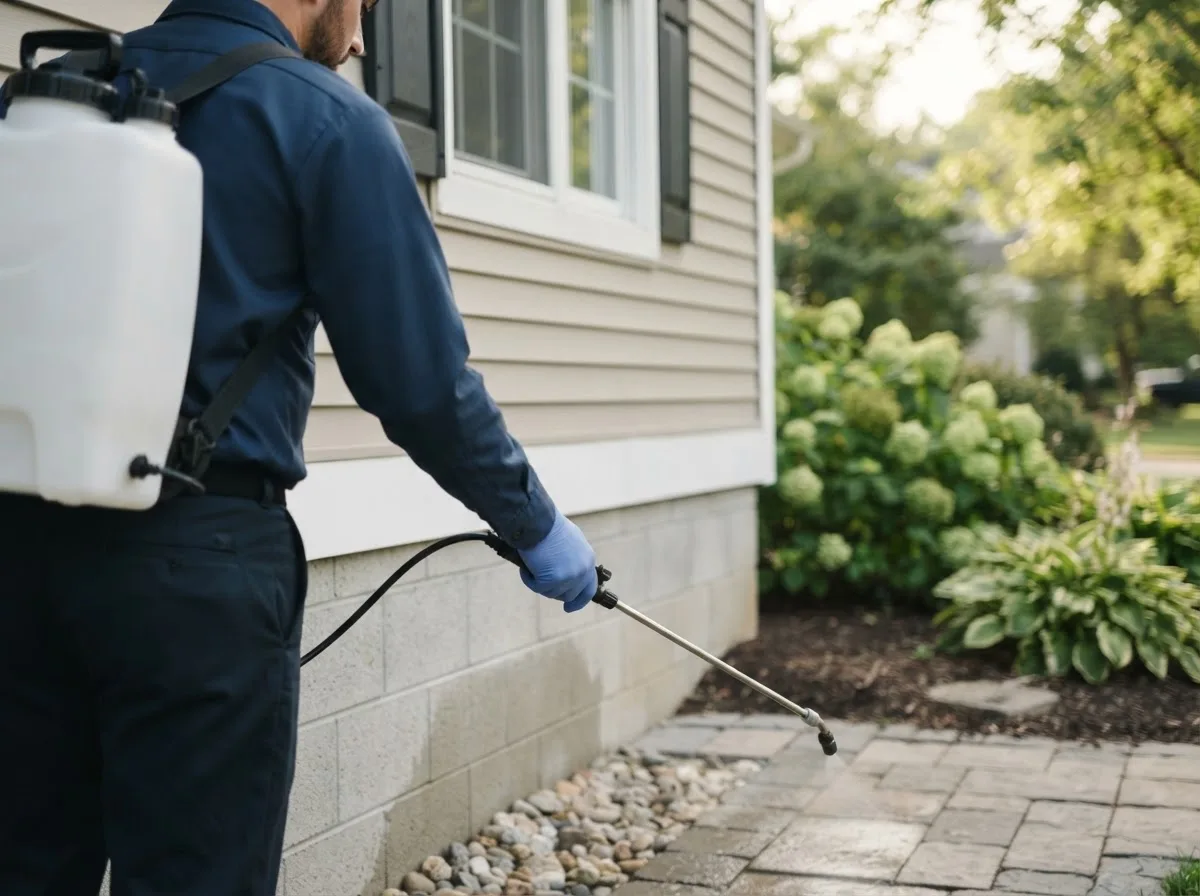 Pest control technician inspecting a home in Utica, OH